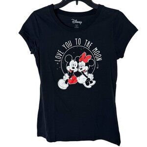 Disney Black Mickey Minnie Graphic T Shirt Juniors Large Casual Love Valentine